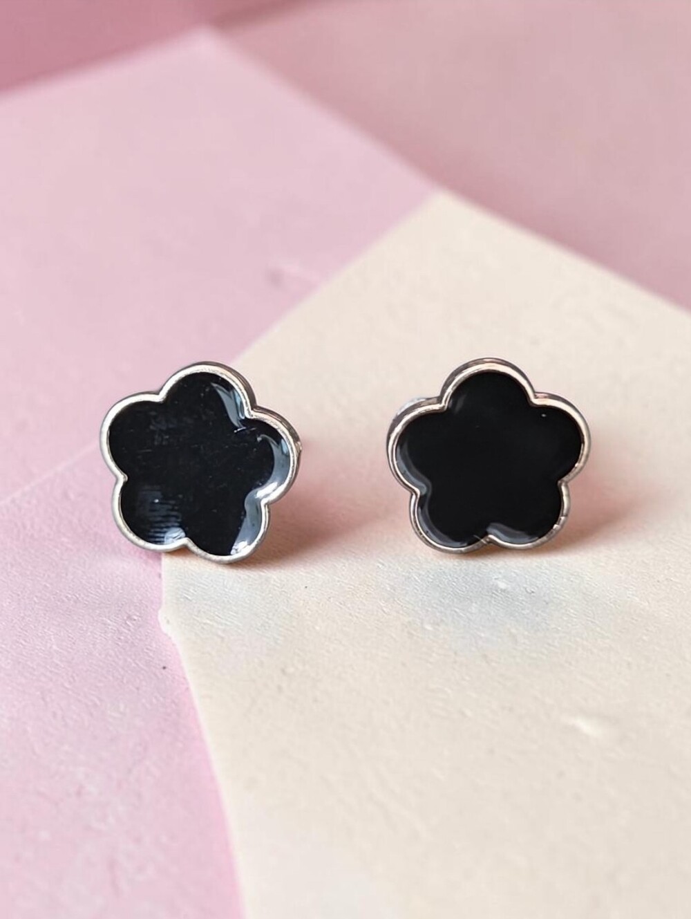 Black Flower Stud Earrings with Silver Trim